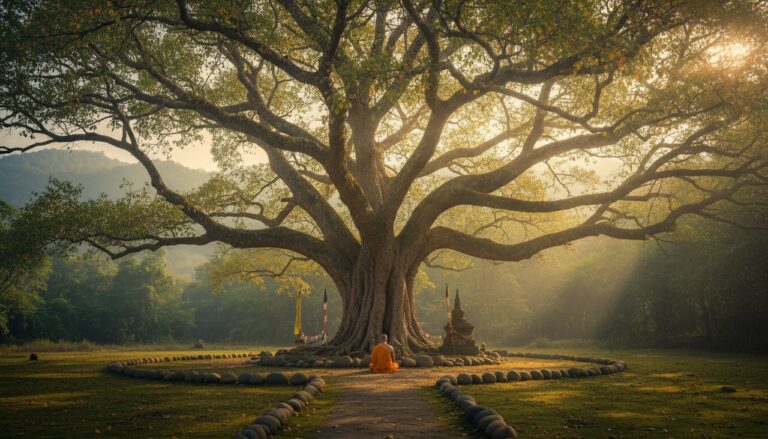 A majestic Bodhi tree bathed in soft, ethereal light, symbolizing wisdom and spiritual awakening.