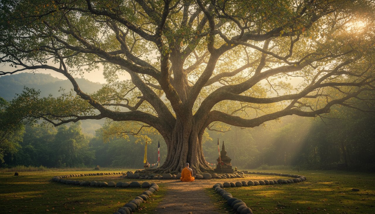 A majestic Bodhi tree bathed in soft light, representing the wisdom found during meditation under the Bodhi tree.