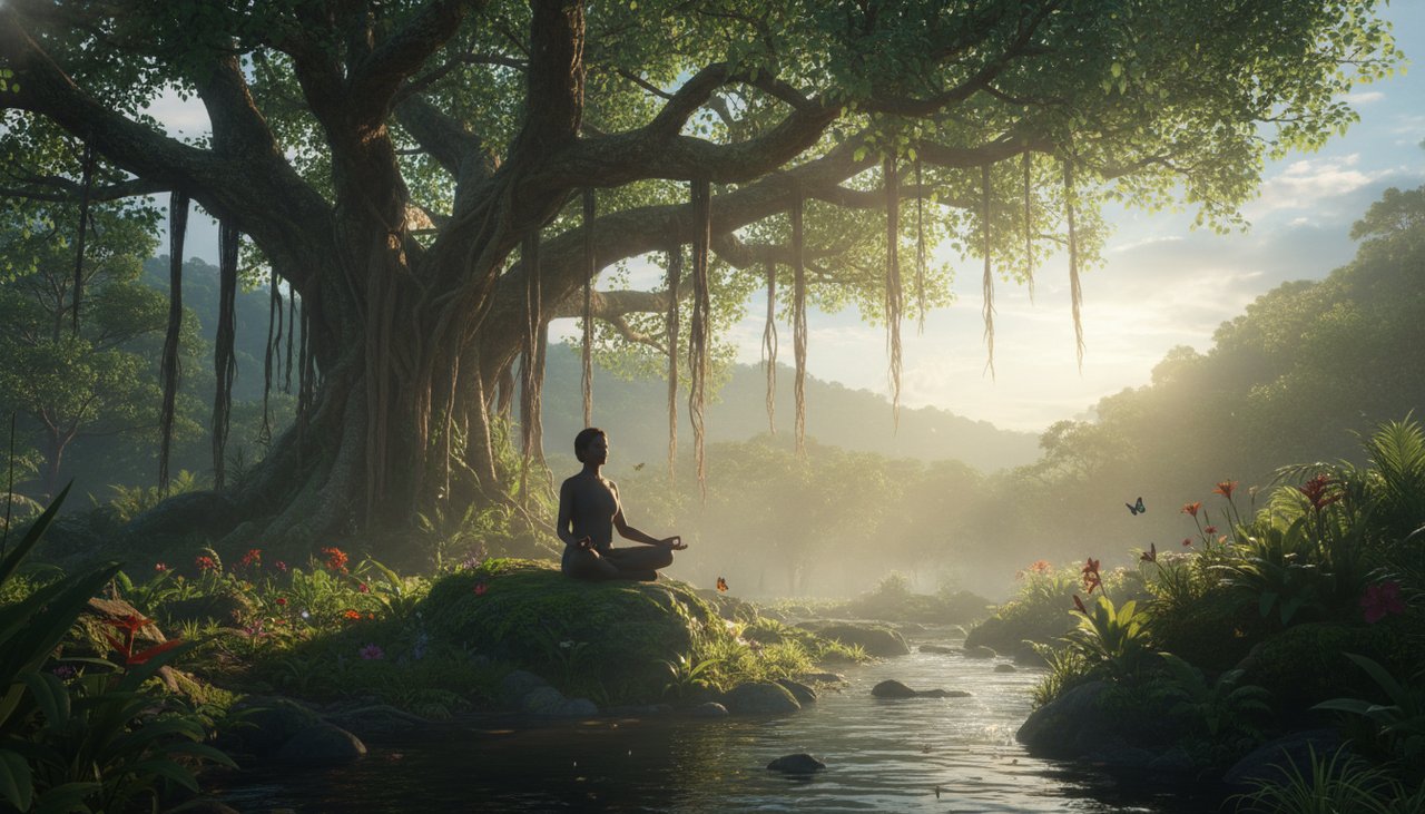 A practitioner engaged in meditation under Bodhi tree, demonstrating the physical and biological connection between the mind and the land.