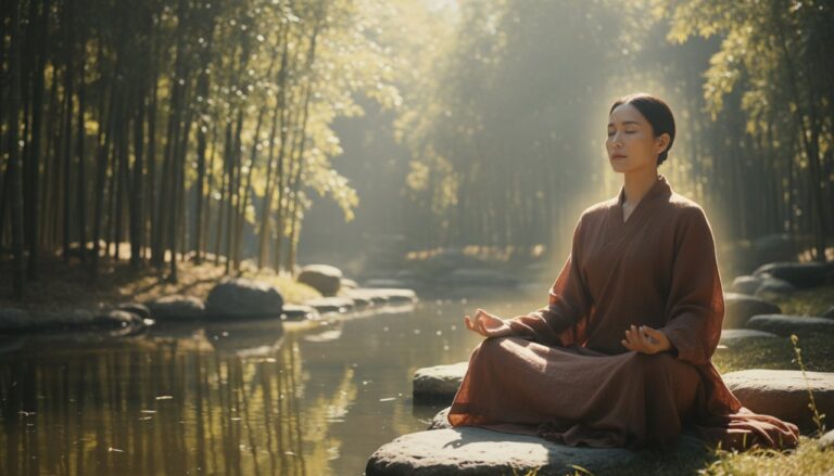 A meditating figure in a sunlit Zen garden