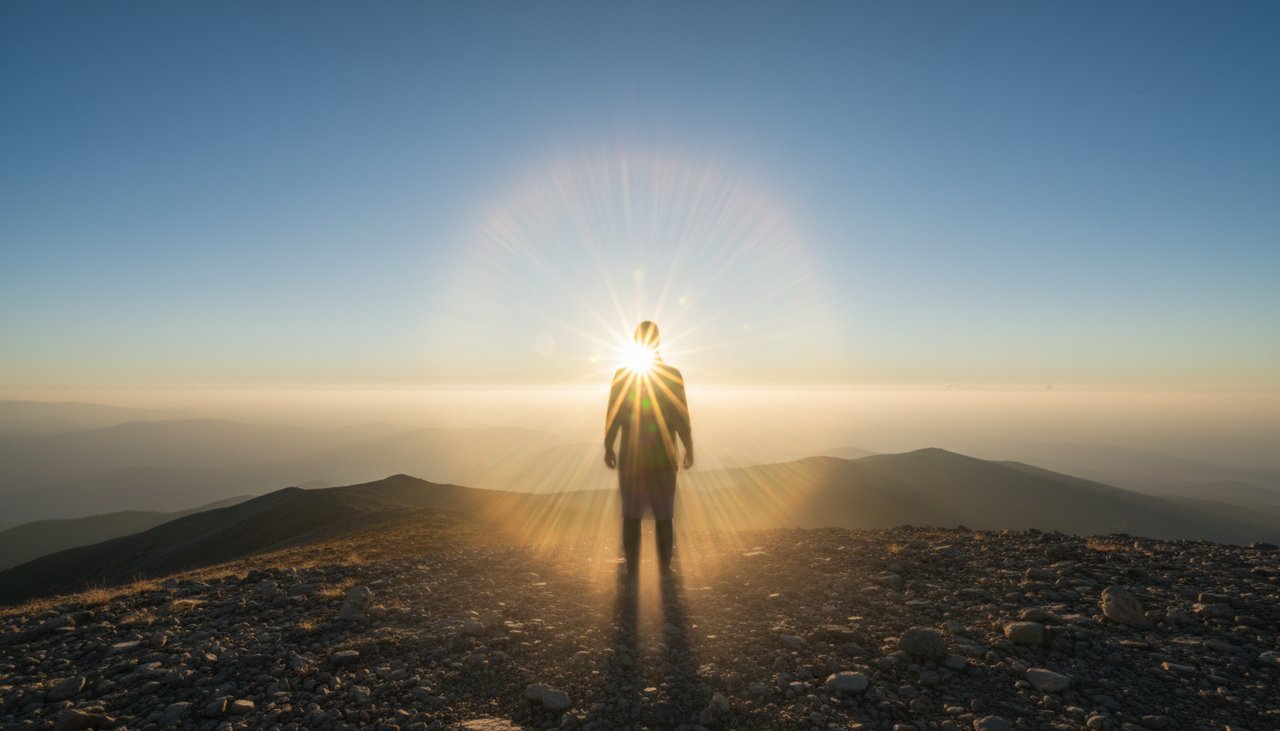 A meditator on a bright mountaintop with a golden aura
