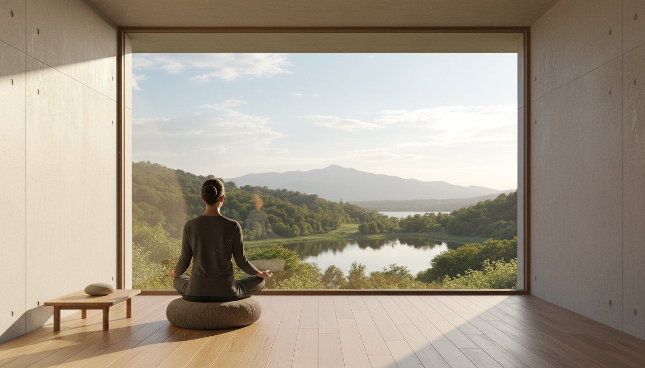 A peaceful meditation space, with sunshine shining brightly