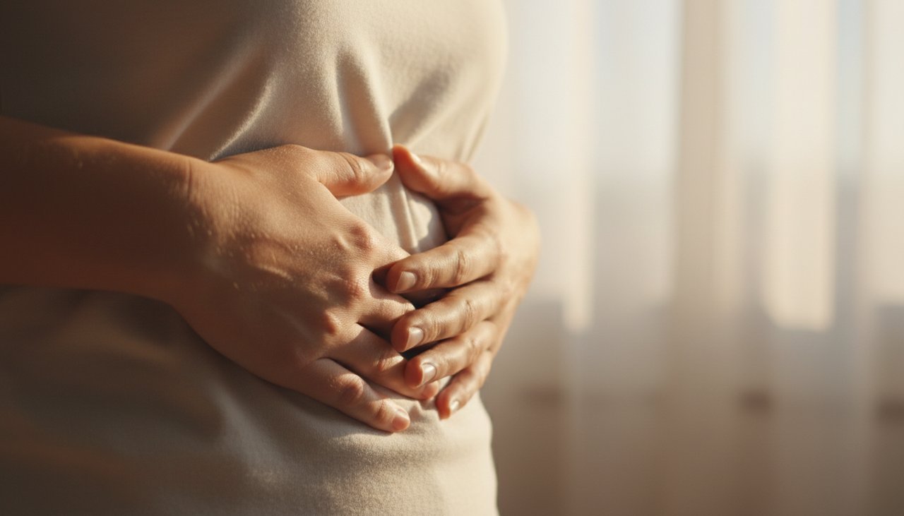 Close up of abdominal breathing, warm sunlight