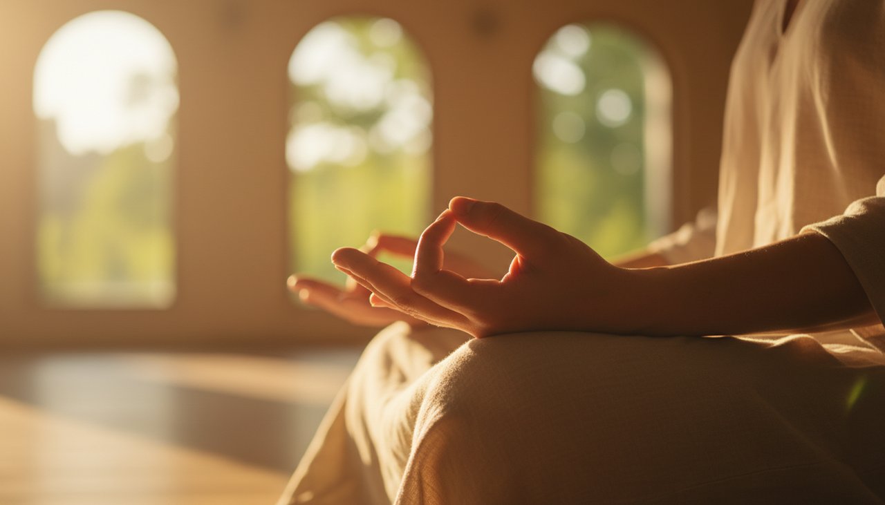 Hands performing the Dhyana Mudra, illuminated by soft golden hour light, conveying inner calm.