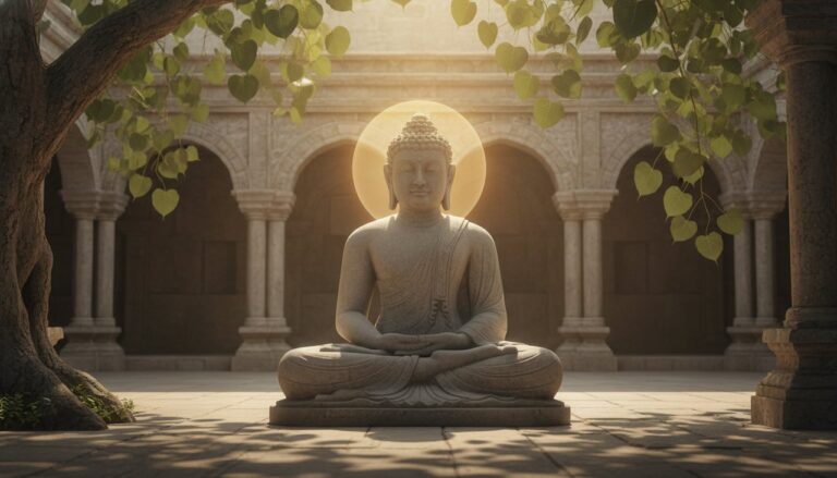 A serene Buddha statue with an ethereal glow, set in a bright, tranquil temple environment.