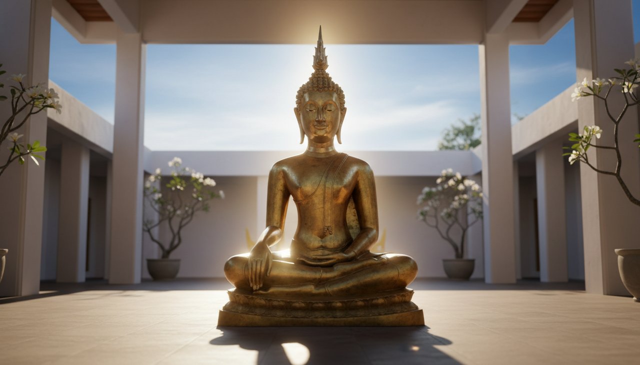 A beautifully sculpted Thai Buddha statue radiating serene spiritual energy.