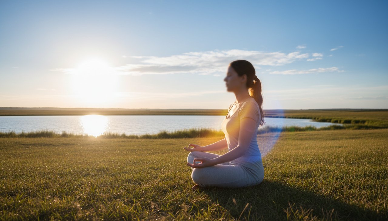 Silhouette meditating with an ethereal aura in a bright natural setting