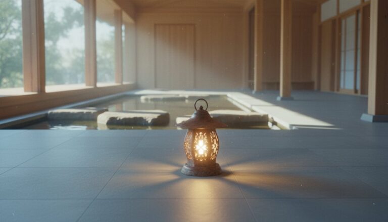 A small, glowing lantern in a bright, serene Zen space