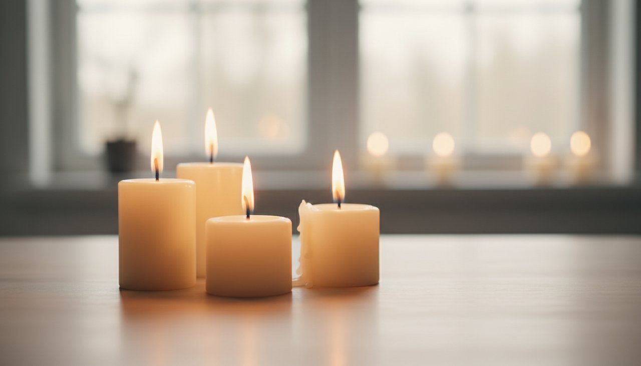 Several lit candles with soft flames in a bright, serene setting