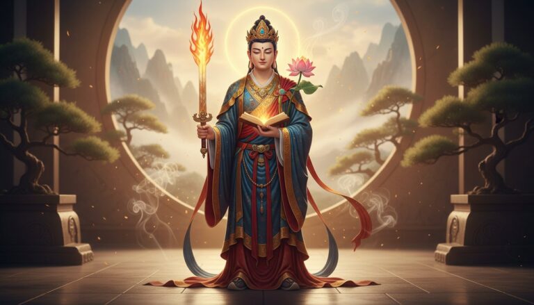 Manjushri Bodhisattva, youthful prince, with flaming sword and lotus