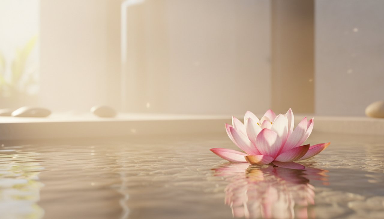 Sunlit lotus flower on clear water in a serene Zen space
