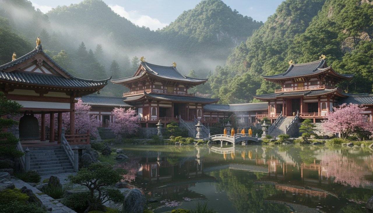 A serene Buddhist temple in a lush, green landscape, symbolizing the path to inner peace