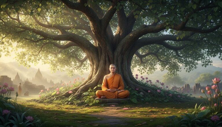 Siddhartha Gautama meditating under a Bodhi tree, with a serene and focused expression