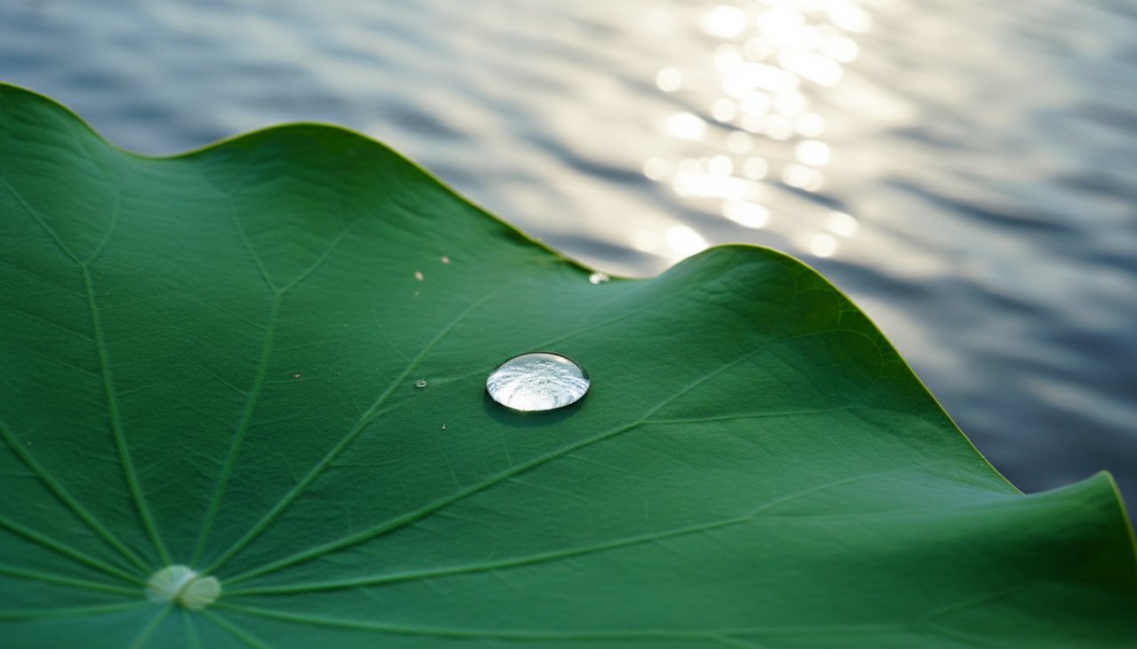A water droplet rolling off a pristine lotus leaf