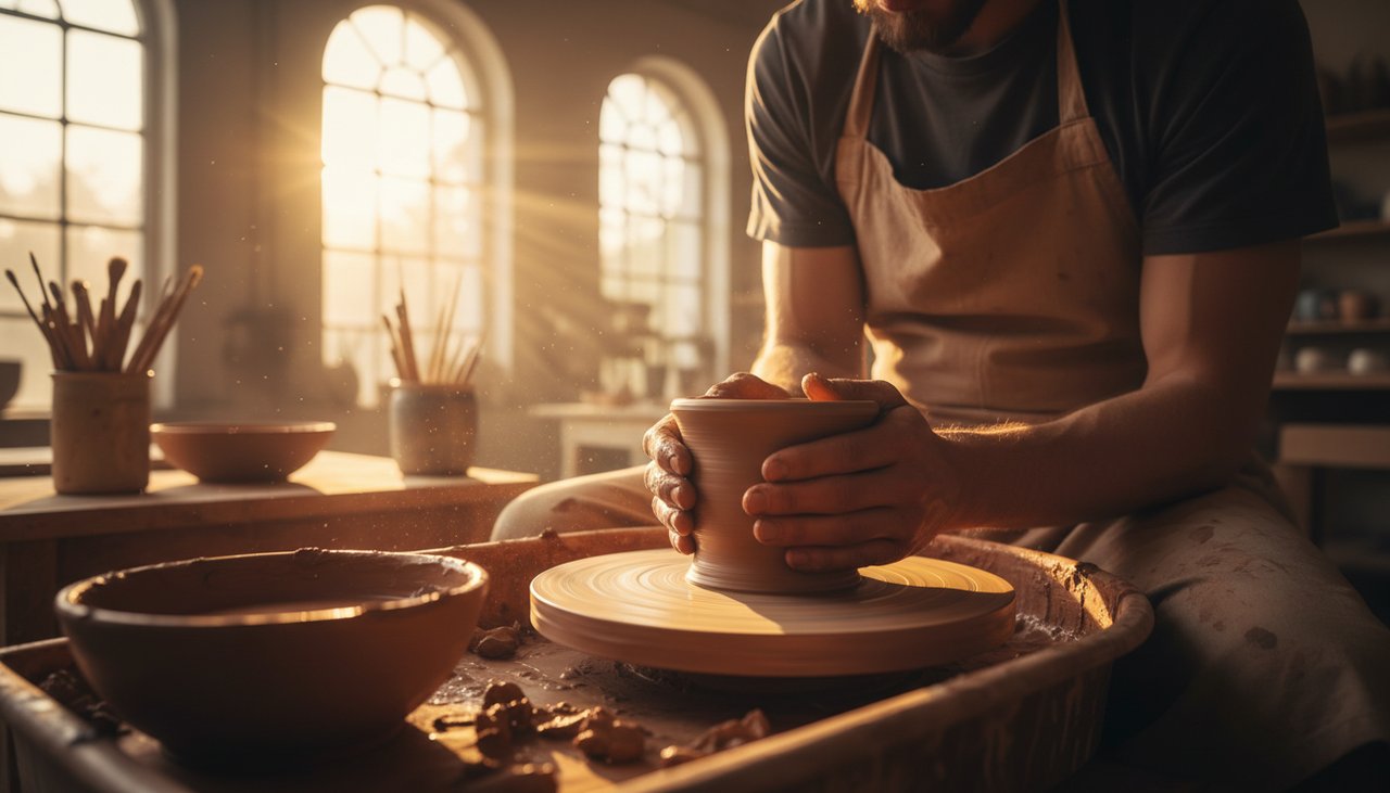 Hands shaping clay on a potter's wheel in bright sunlight