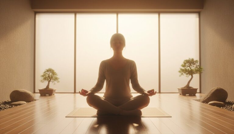 A serene meditation space filled with morning sunlight