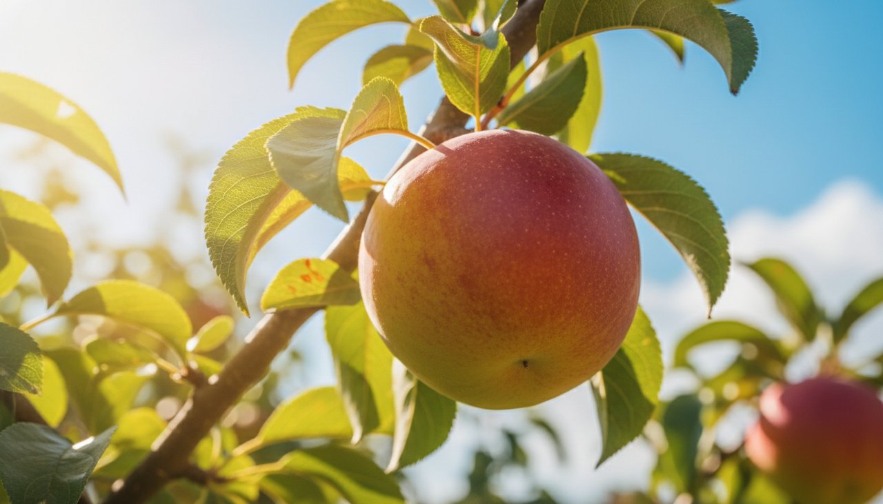 A ripe fruit hanging from a sun-drenched tree branch