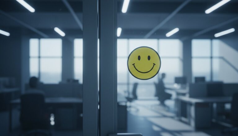 Yellow smiley face on a corporate glass wall