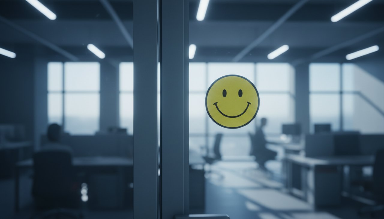 Yellow smiley face on a corporate glass wall