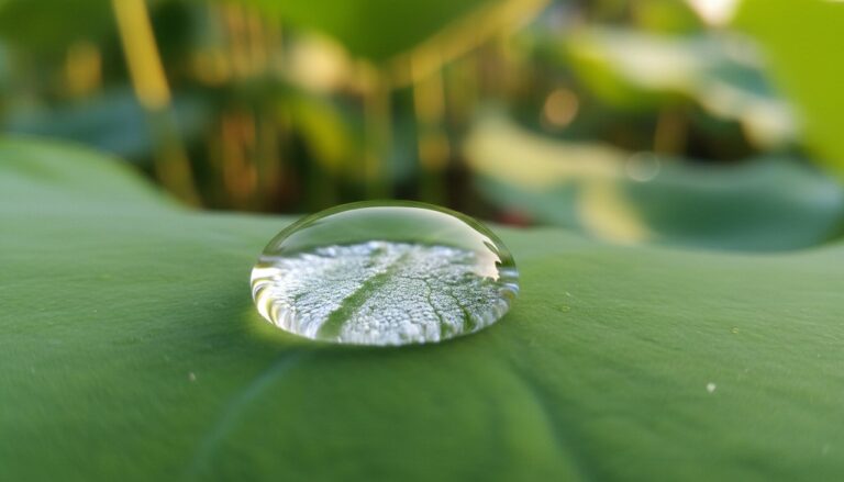 Macro shot of a water droplet beading on a green lotus leaf